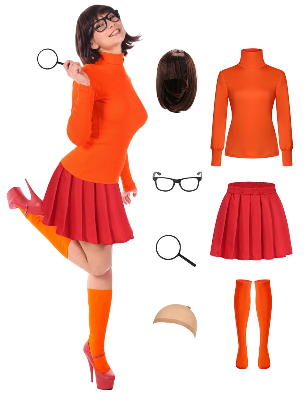 Velma Scooby Doo Costume Halloween Wig Shirt Skirt Accessories Women’s Size S